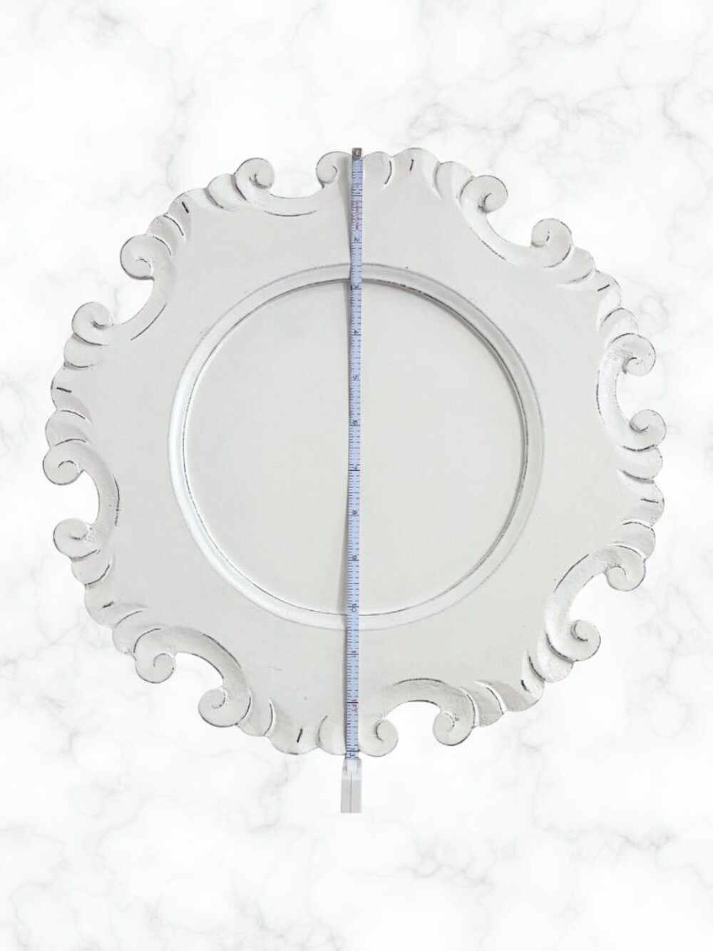 PIER 1 IMPORTS Set of 2 Distressed White Wood Scroll Charger Plates 13" Round - Picture 3 of 5